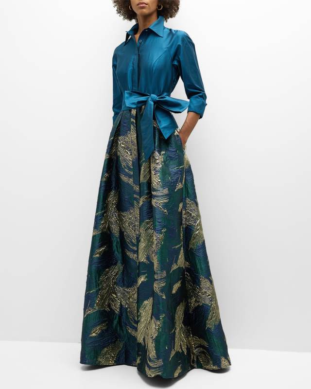 A-Line Metallic Jacquard & Taffeta Shirt Gown